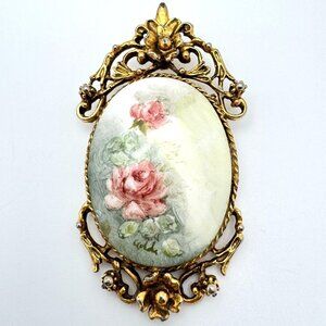 Hand-Painted Floral Porcelain Vtg Brooch Pin Gold-Tone Signed Ornate Frame